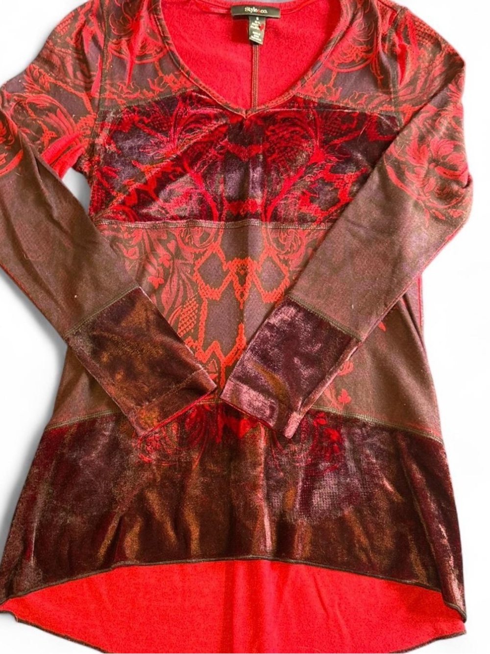 Vintage Y2K Red Paisley Velvet Detail Peasant Top